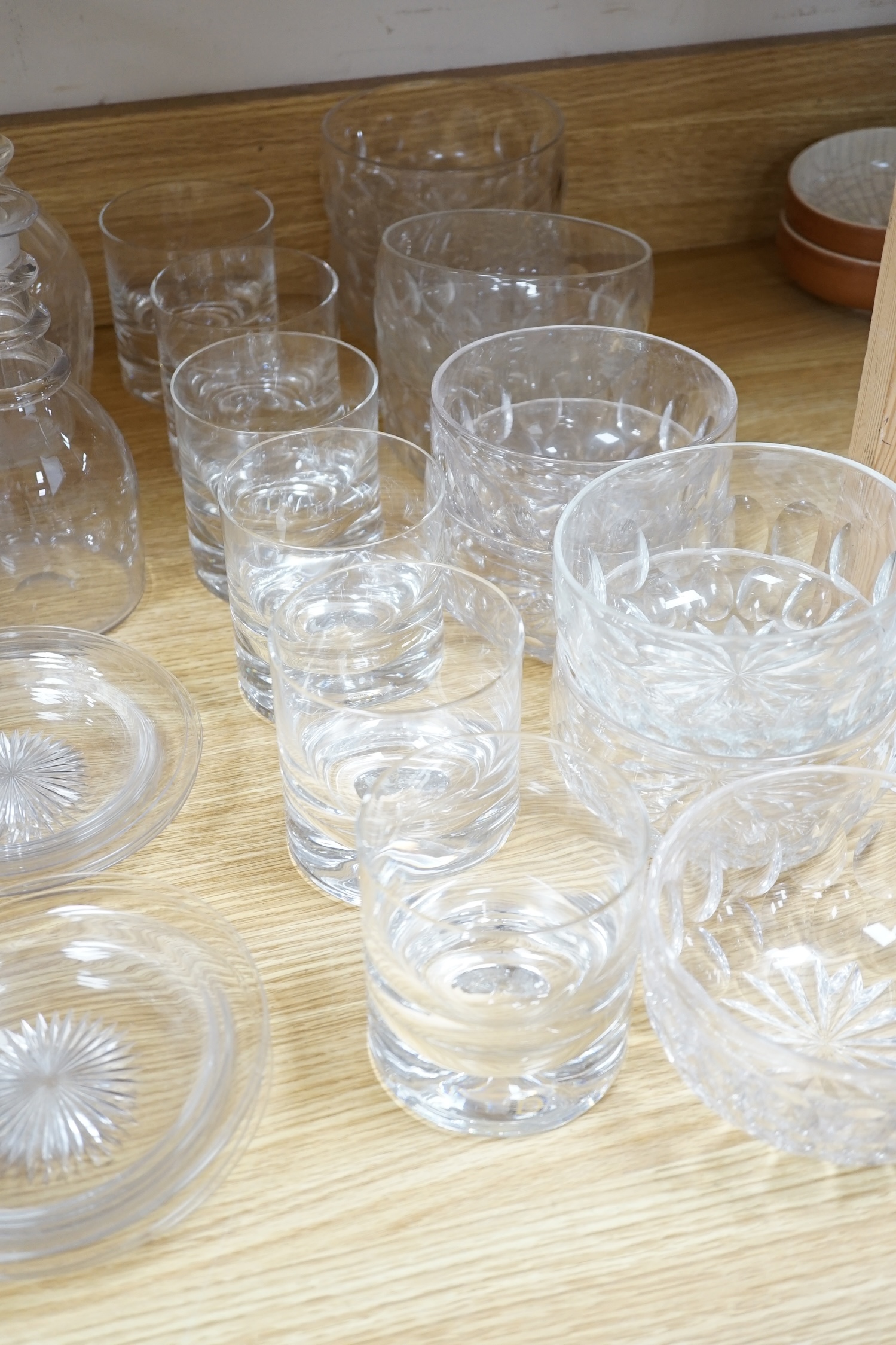 A collection of glassware to include a set of six tumblers, a large centrepiece and two decanters, largest 25cm high. Condition - poor to fair